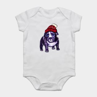 pit bull dog puppy in a red beanie hat - cute blue line pittie with piercing blue eyes Baby Bodysuit